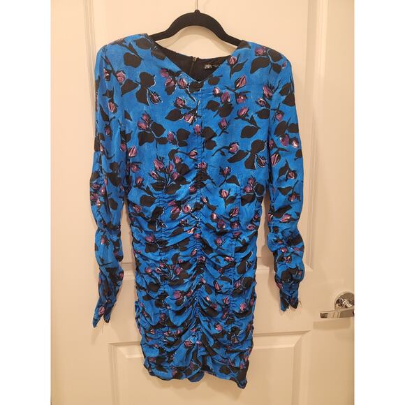 Zara Blue Floral Print Ruched Fitted Long Sleeved Mini Dress - Picture 6 of 12